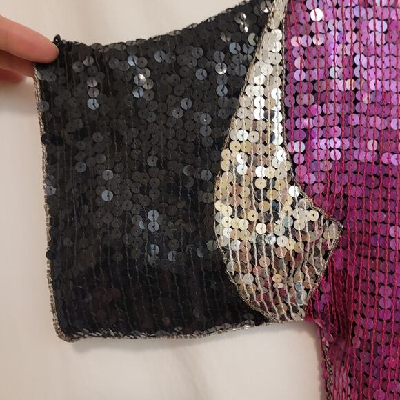 JLB Paris 100% Silk Sequin Short‑Sleeve Top L Pink Silver Gold Wave Party Blouse - Picture 5 of 14